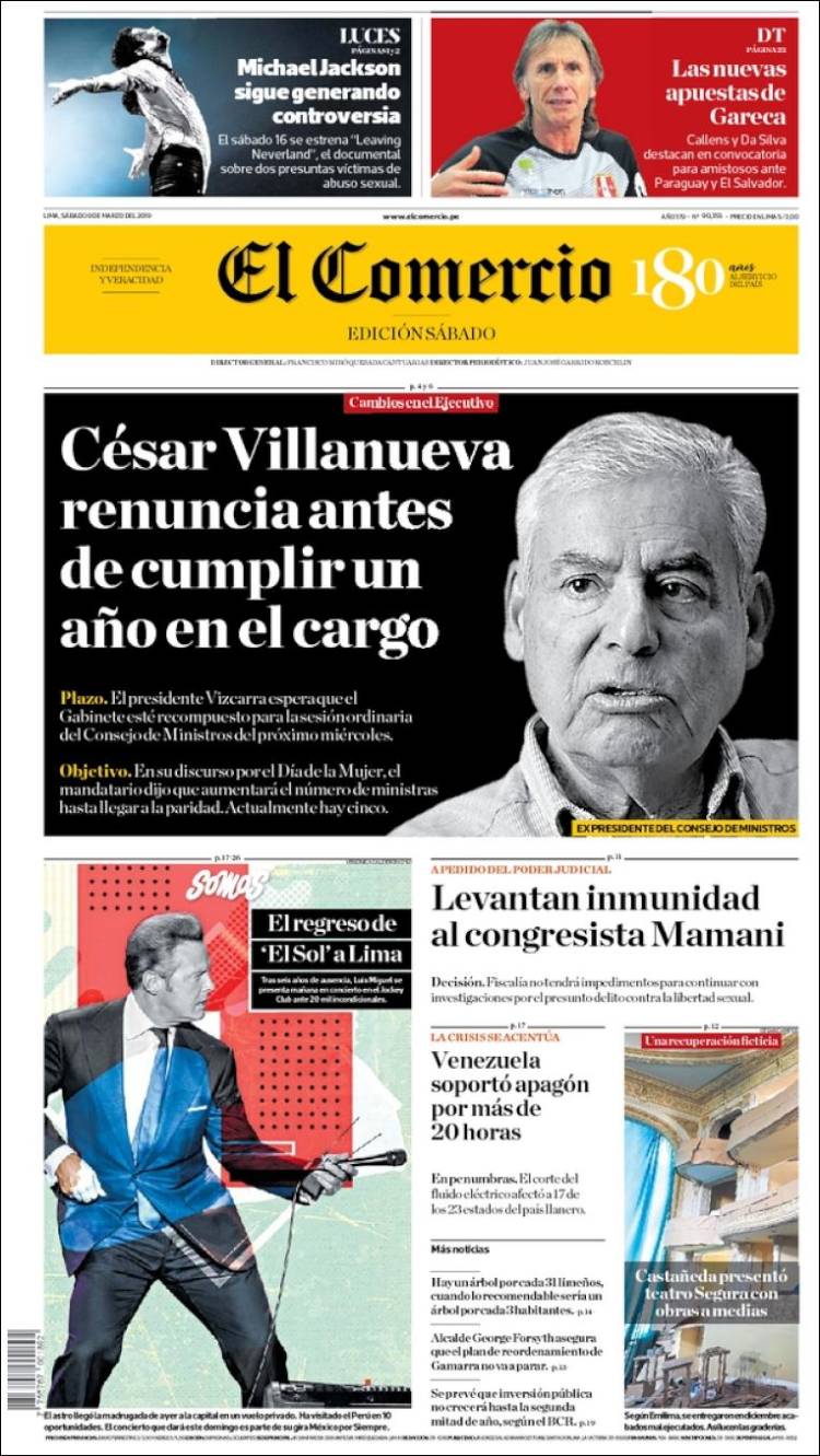 Portada de El Comercio (Per&uacute;)