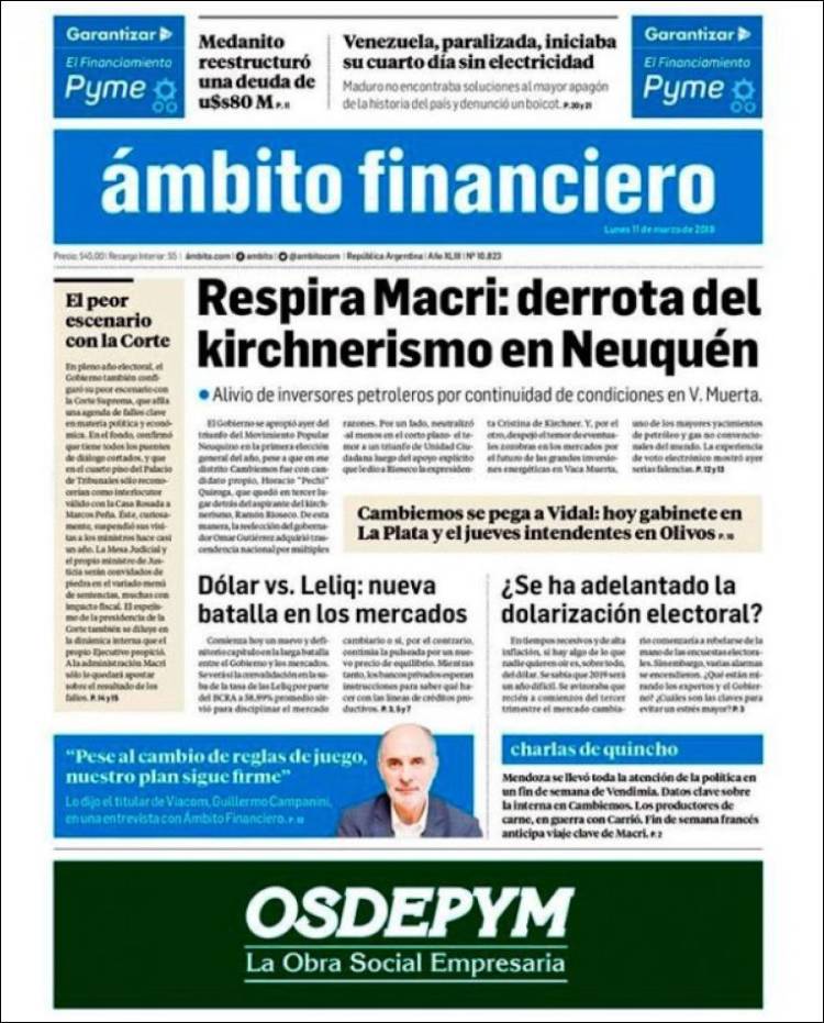 Portada de Diario Ambito Financiero (Argentina)