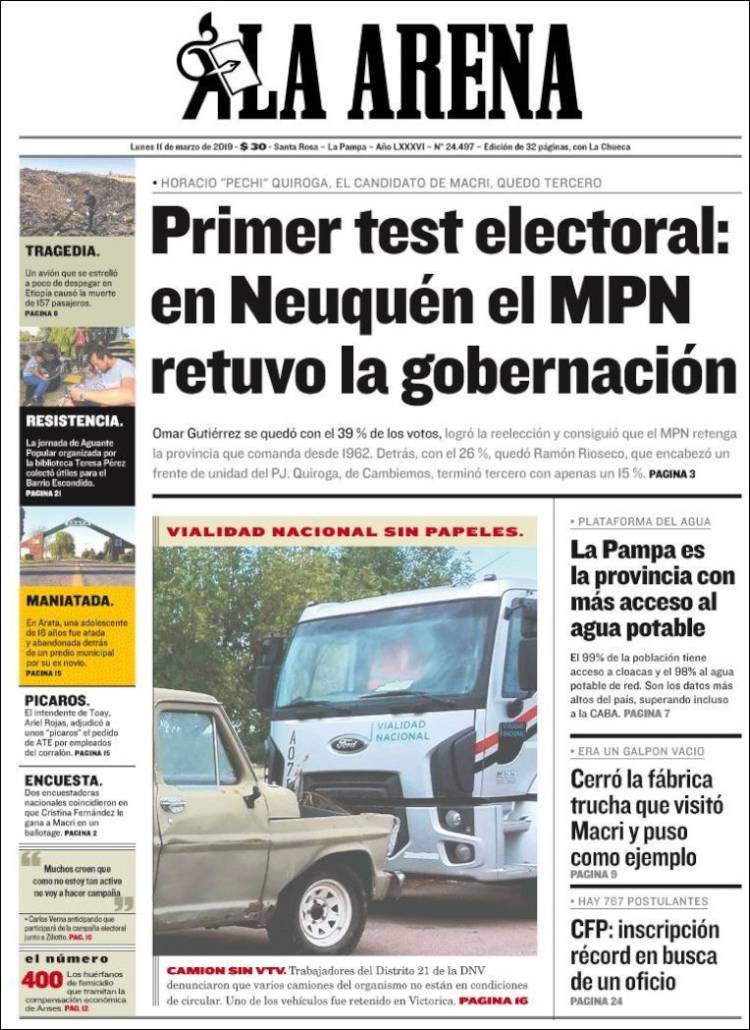 Portada de Diario La Arena (Argentina)