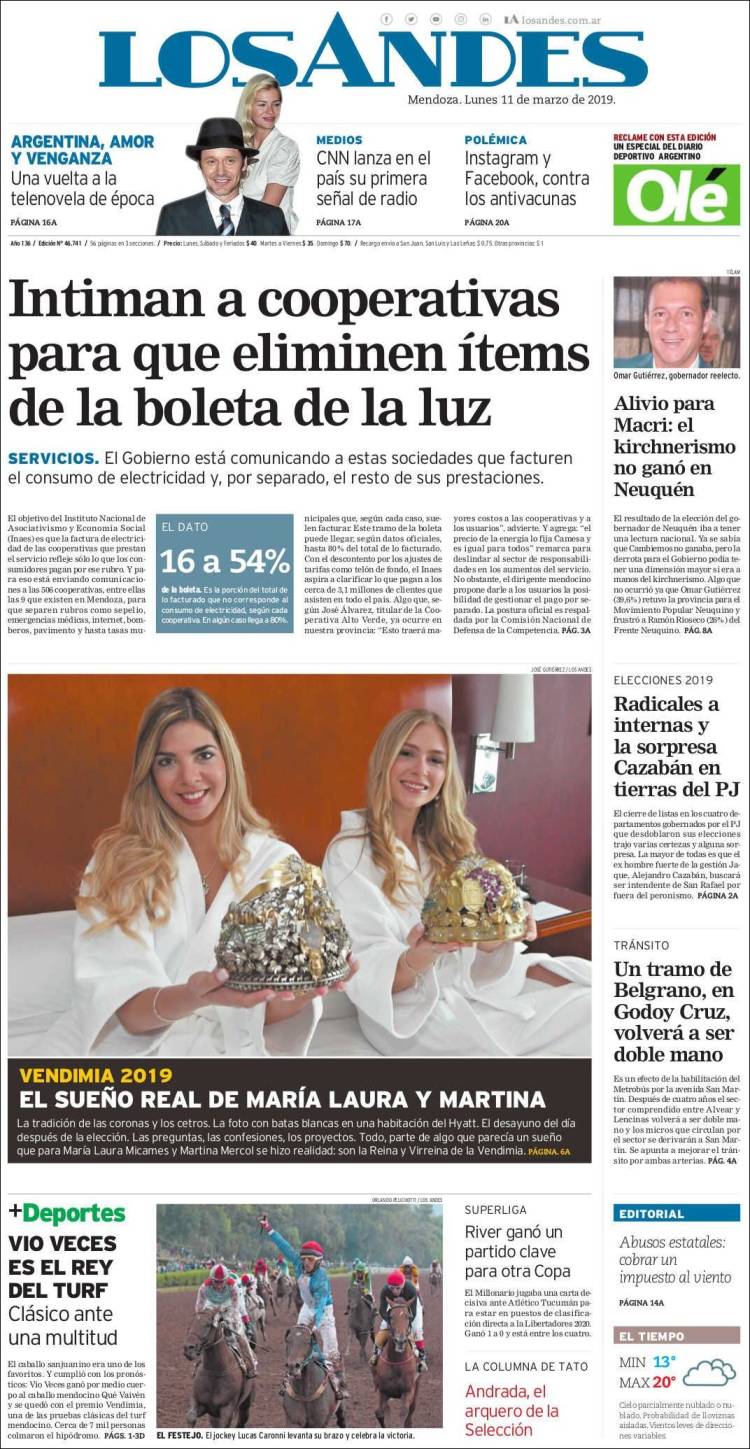 Portada de Los Andes - Mendoza (Argentina)