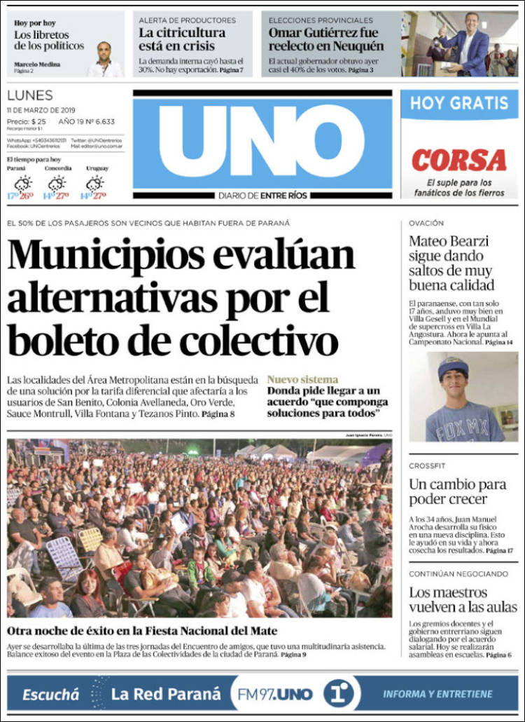 Portada de Diario Uno de Entre Ríos (Argentina)