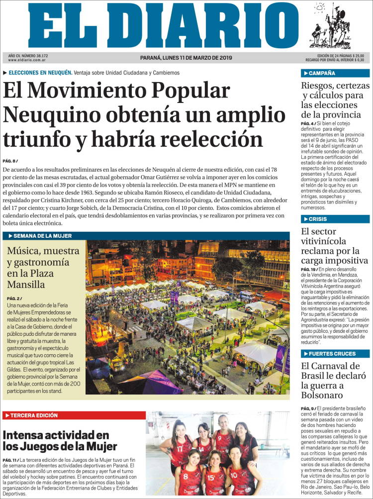Portada de El Diario de Paraná (Argentina)