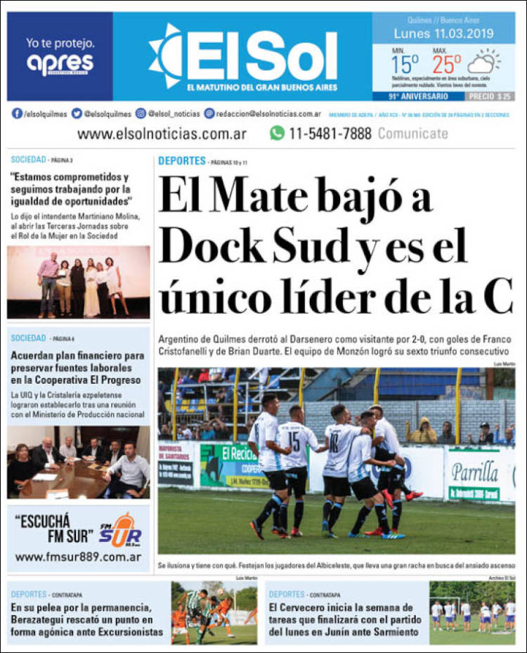 Portada de Diario El Sol (Argentina)