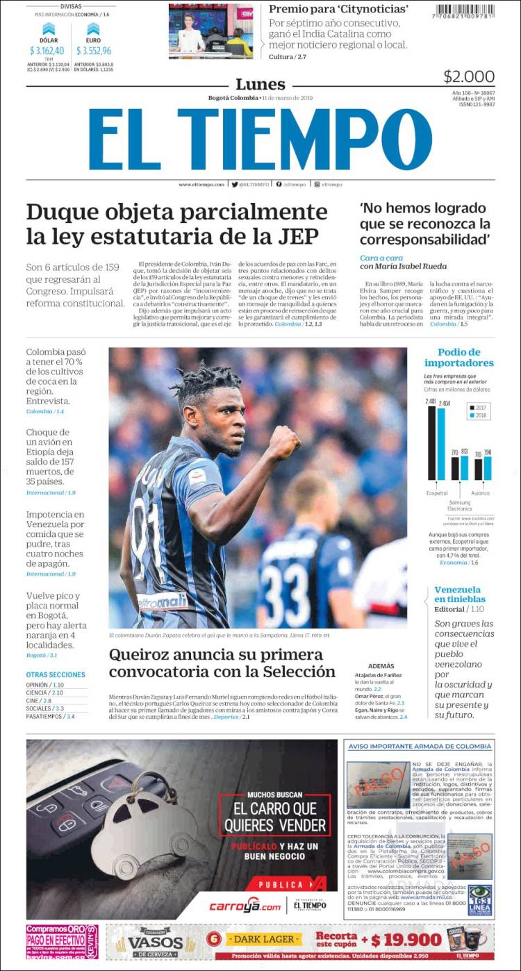 Portada de El Tiempo (Colombia)