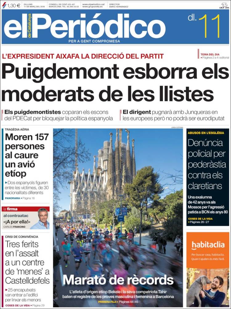 Portada de El Periódico de Catalunya (España)