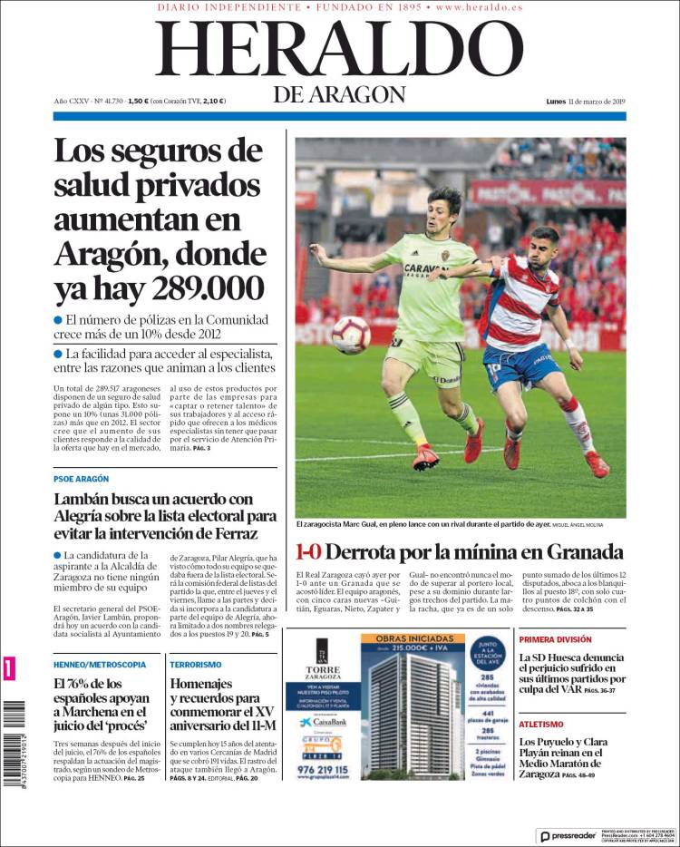 Portada de Heraldo de Aragón (España)