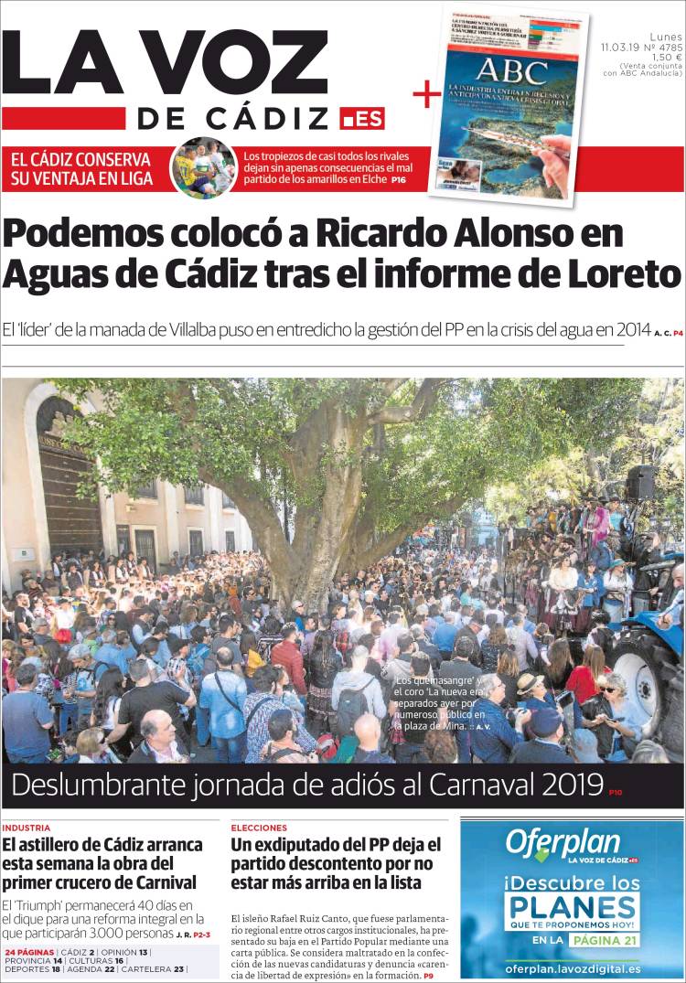 Portada de La Voz de Cádiz (España)