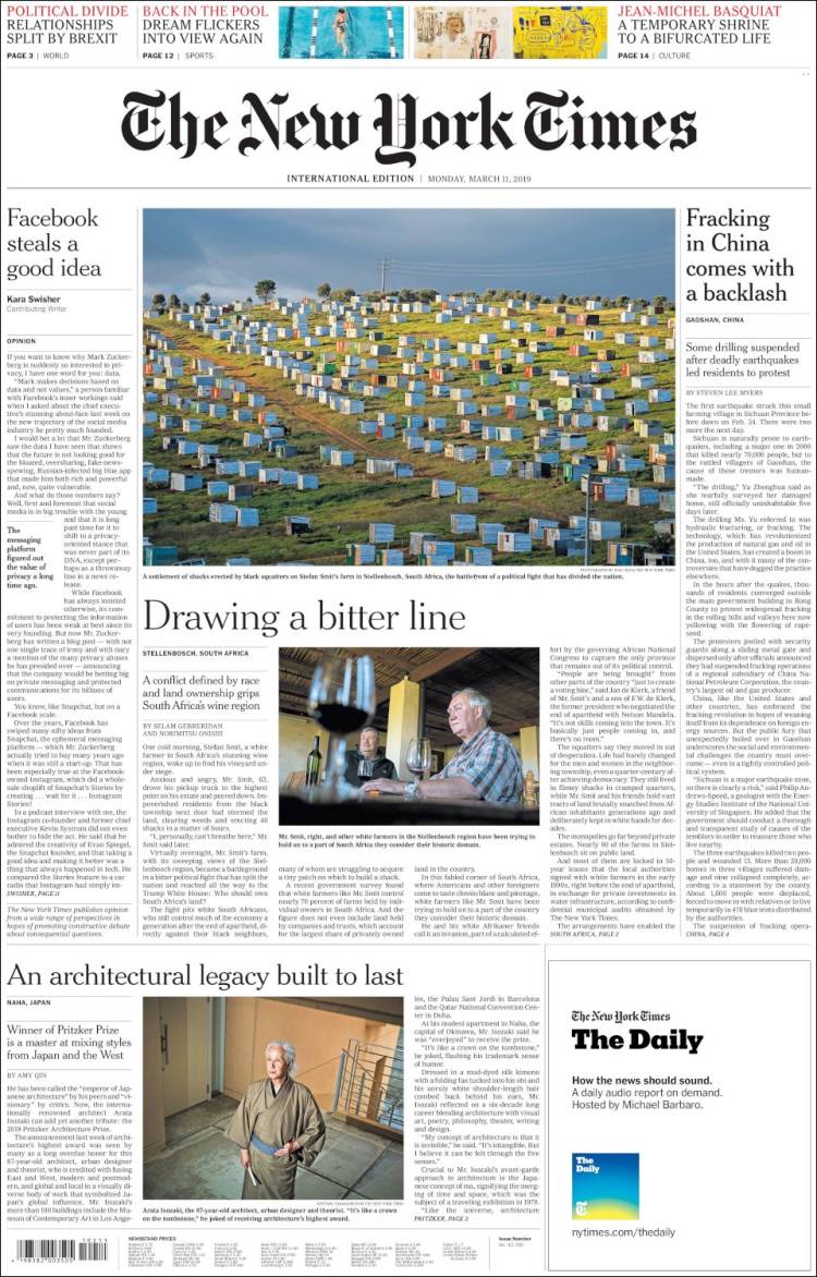 Portada de International New York Times (Europa)