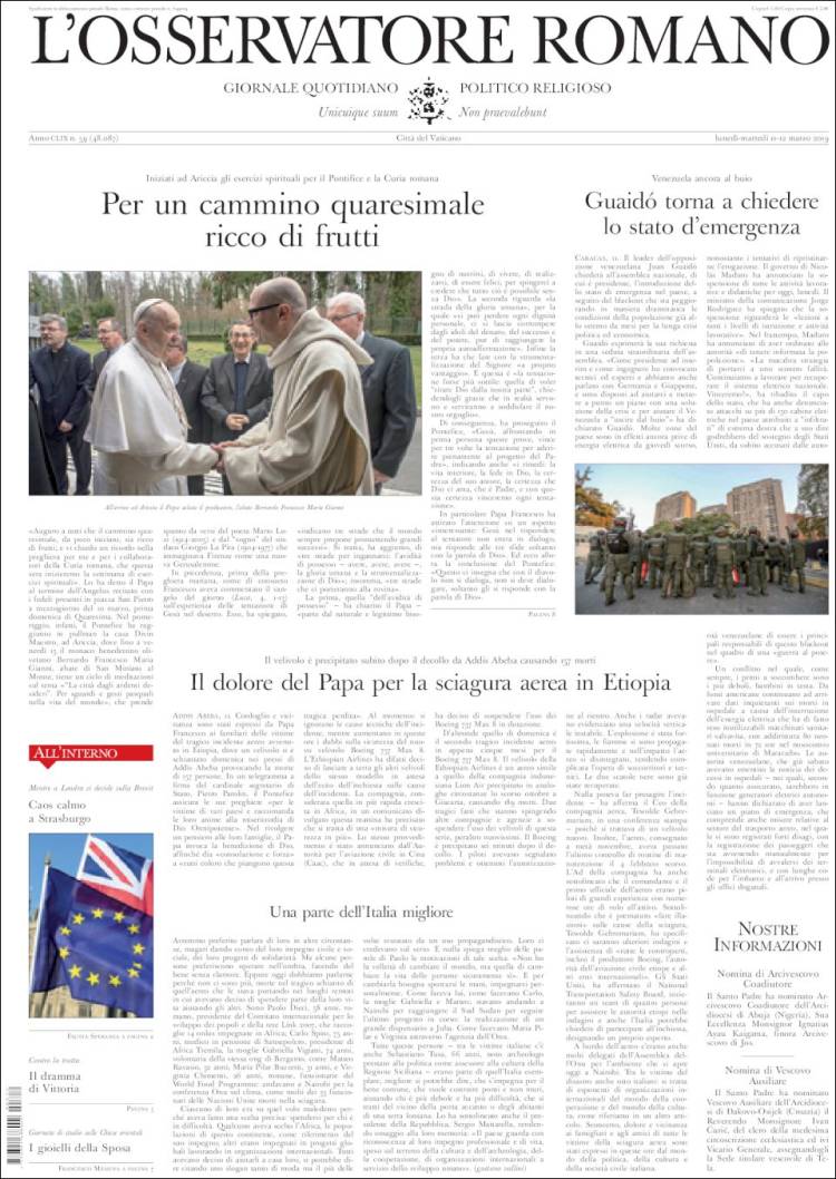 Portada de L'Osservatore Romano (Italia)