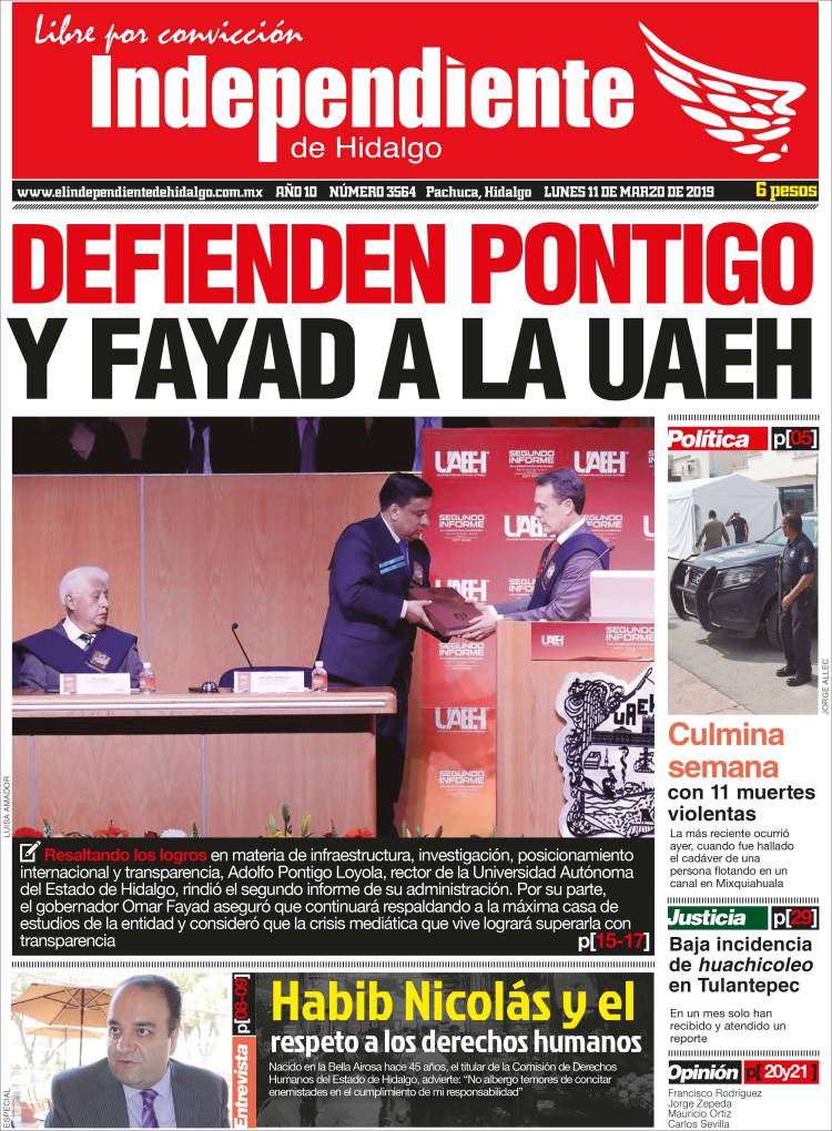 Portada de El Independiente de Hidalgo (M&eacute;xico)