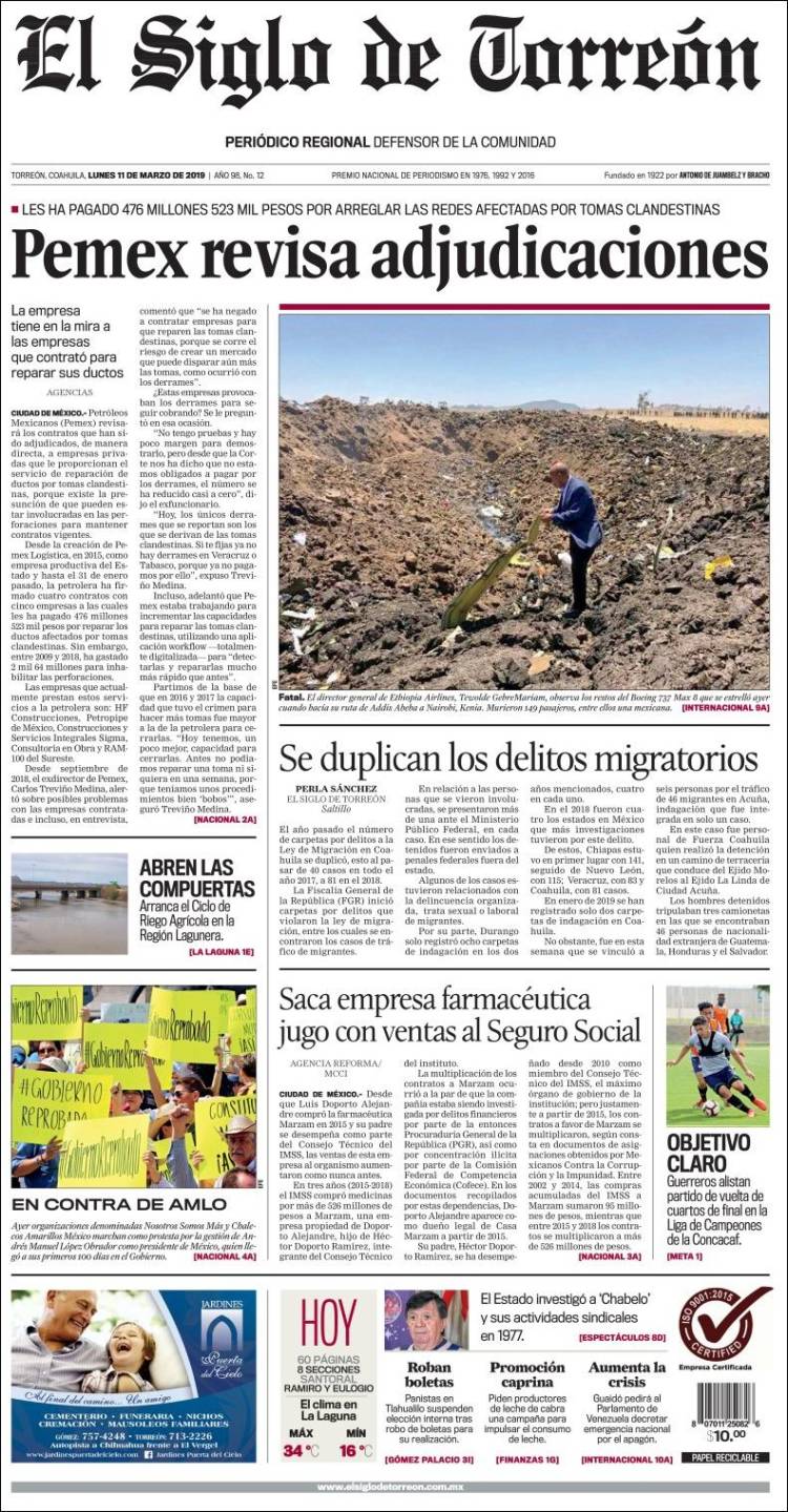 Portada de El Siglo de Torreon (M&eacute;xico)