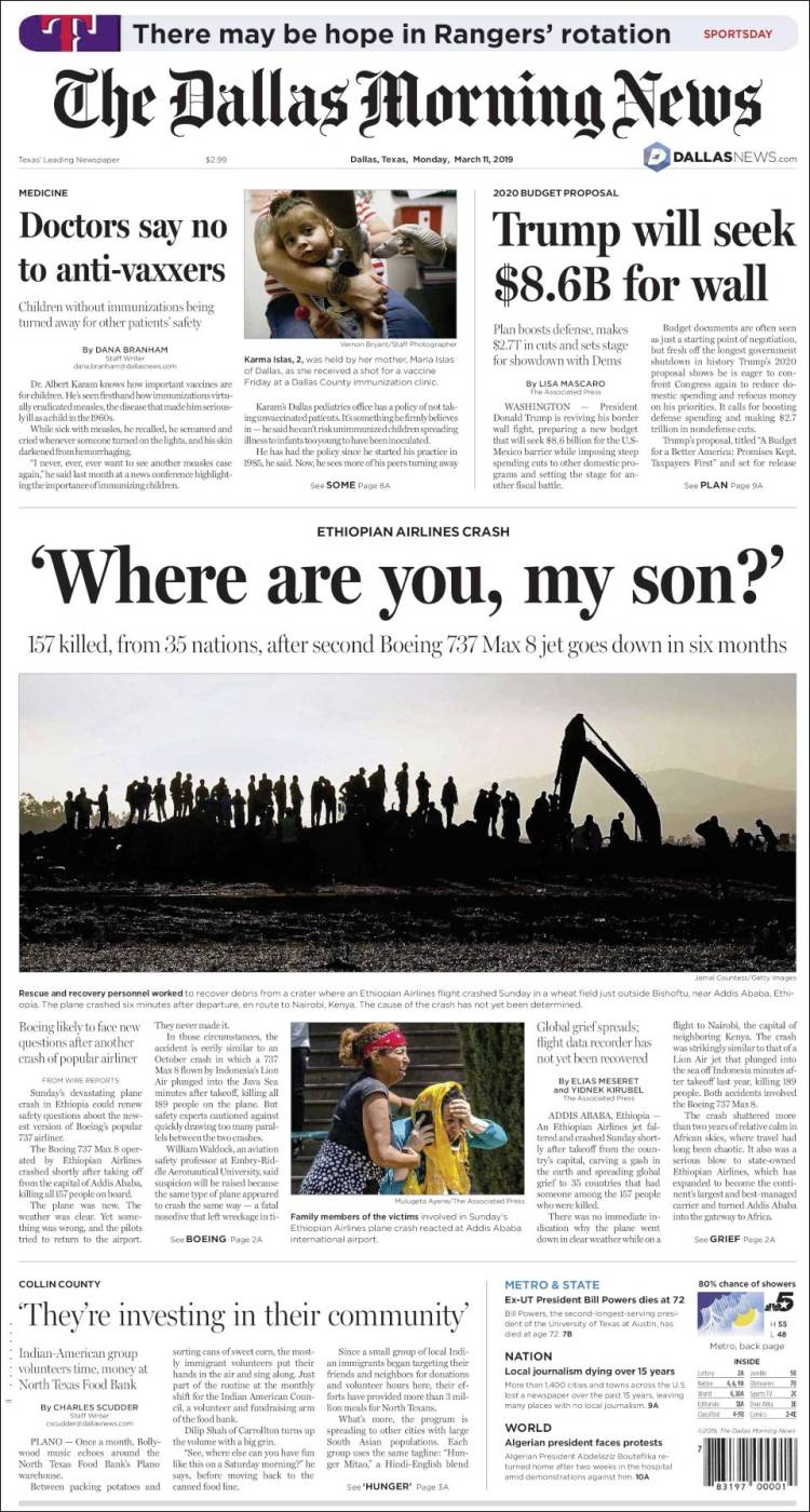 Portada de Dallas Morning News (USA)