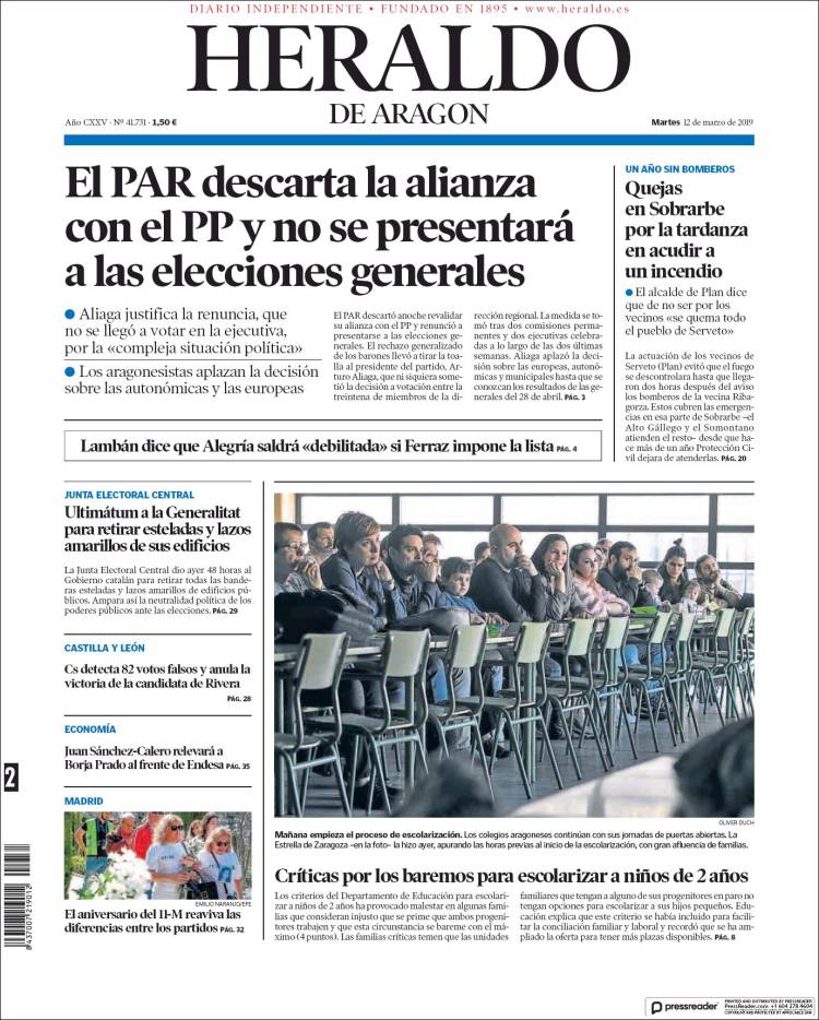 Portada de Heraldo de Aragón (España)