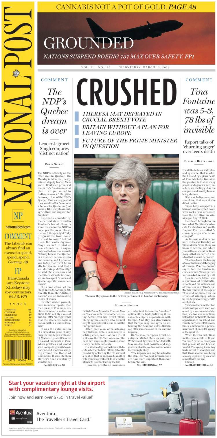 Portada de The National Post (Canadá)