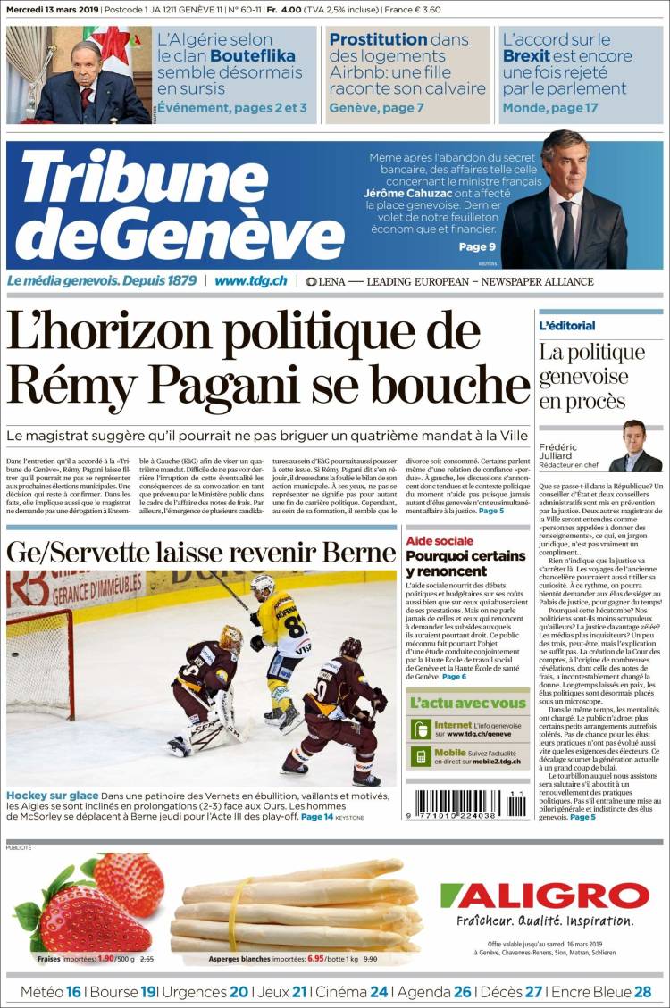 Portada de La Tribune de Genève (Suiza)