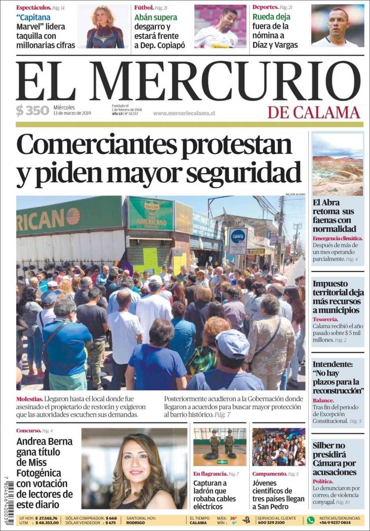 Portada de El Mercurio - Calama (Chile)