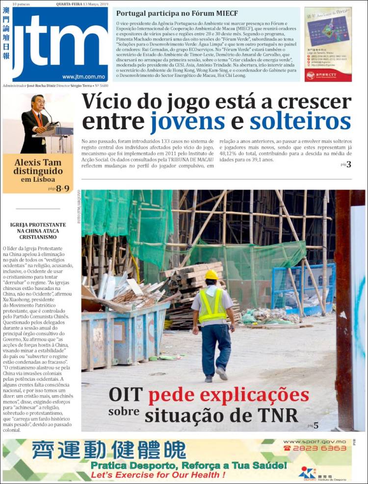 Portada de Jornal Tribuna de Macau (China)