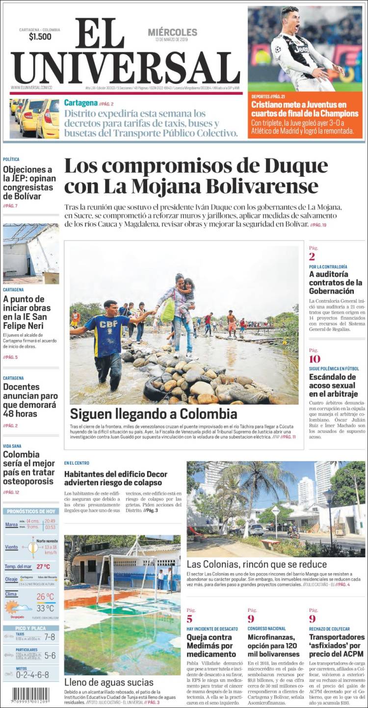 Portada de El Universal (Colombia)