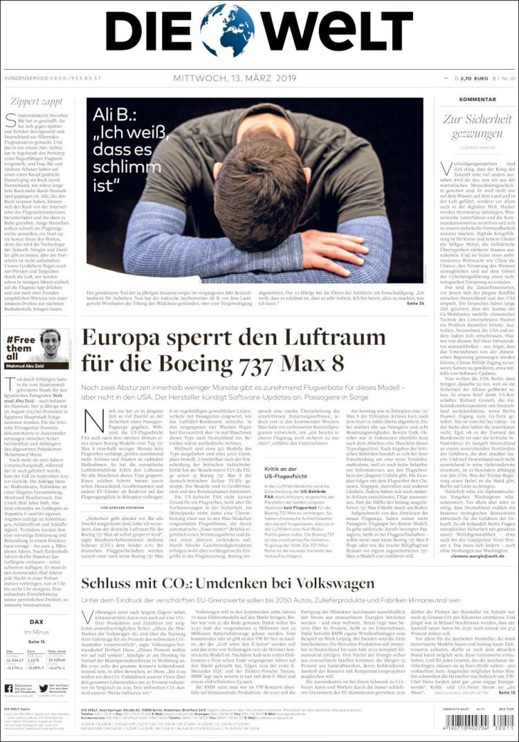 Portada de Die Welt (Alemania)