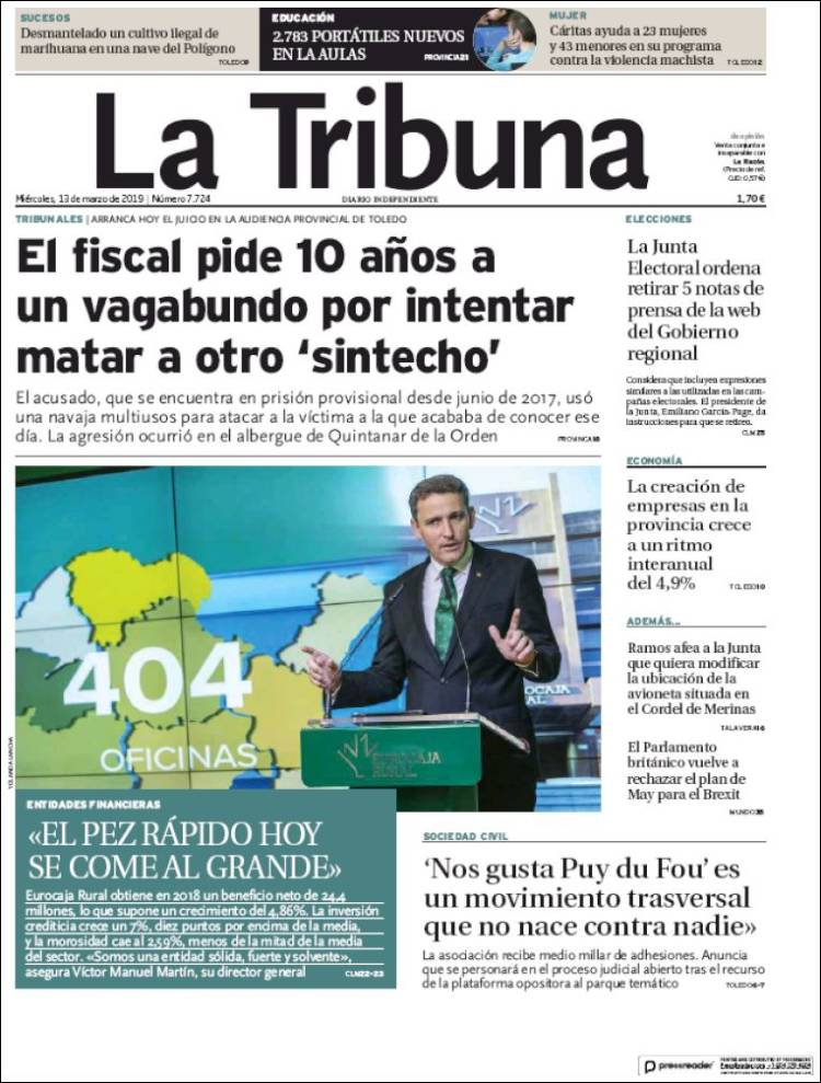 Portada de La Tribuna de Toledo (Espa&ntilde;a)