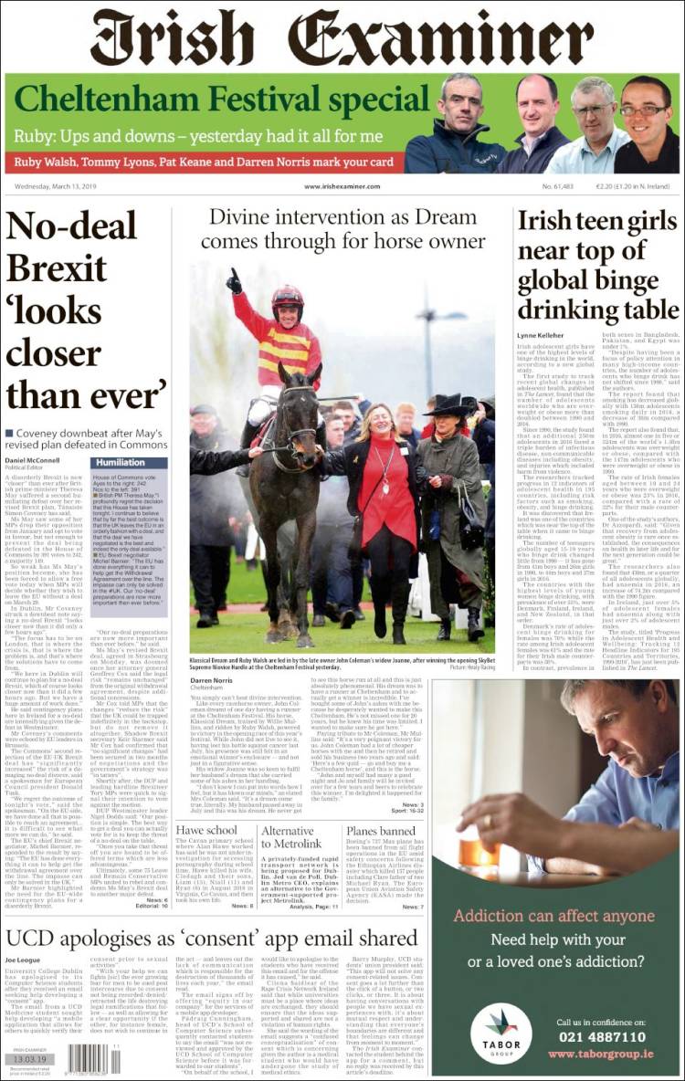 Portada de Irish Examiner (Irlanda)