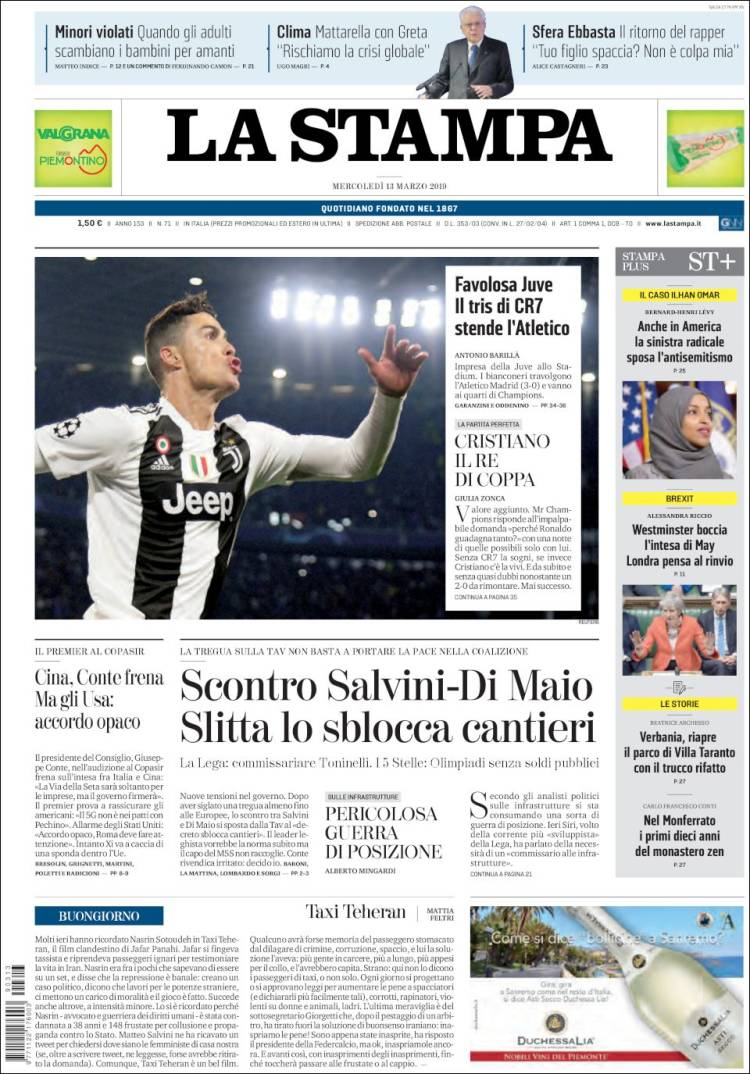 Portada de La Stampa (Italia)