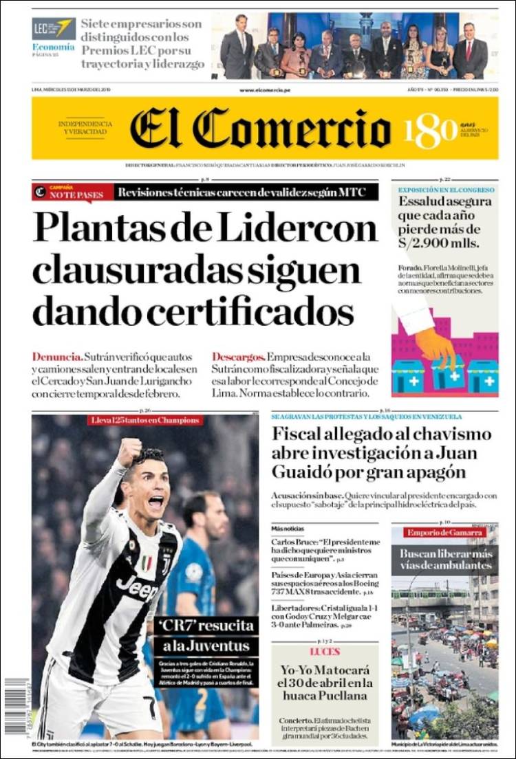 Portada de El Comercio (Per&uacute;)