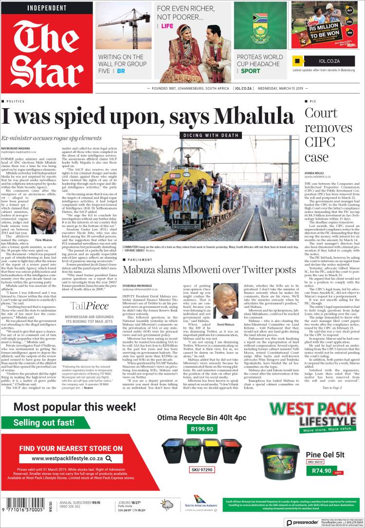 Portada de The Star (Sud&aacute;frica)