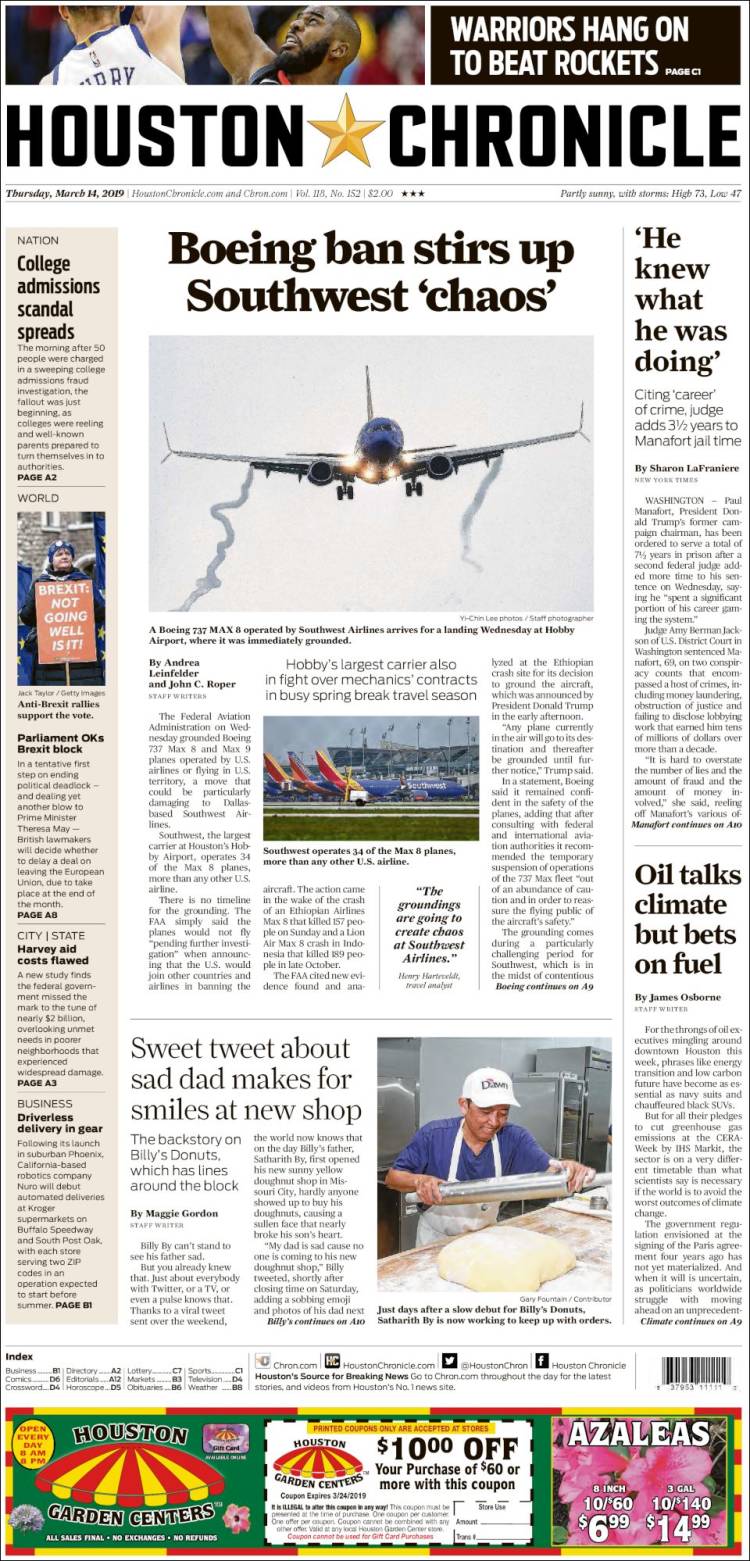 Portada de Houston Chronicle (USA)