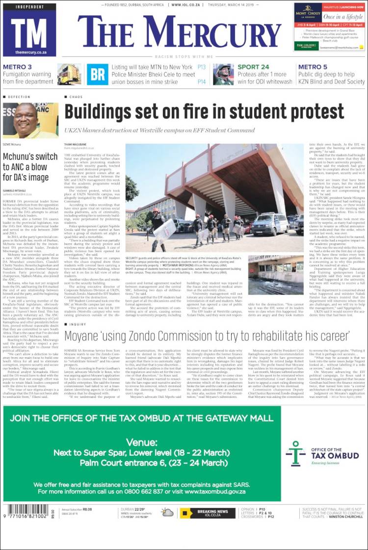 Portada de The Mercury (Sud&aacute;frica)