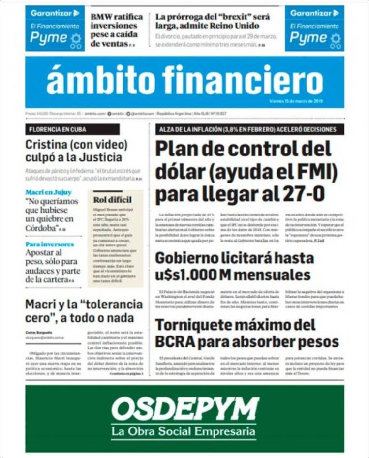 Portada de Diario Ambito Financiero (Argentina)