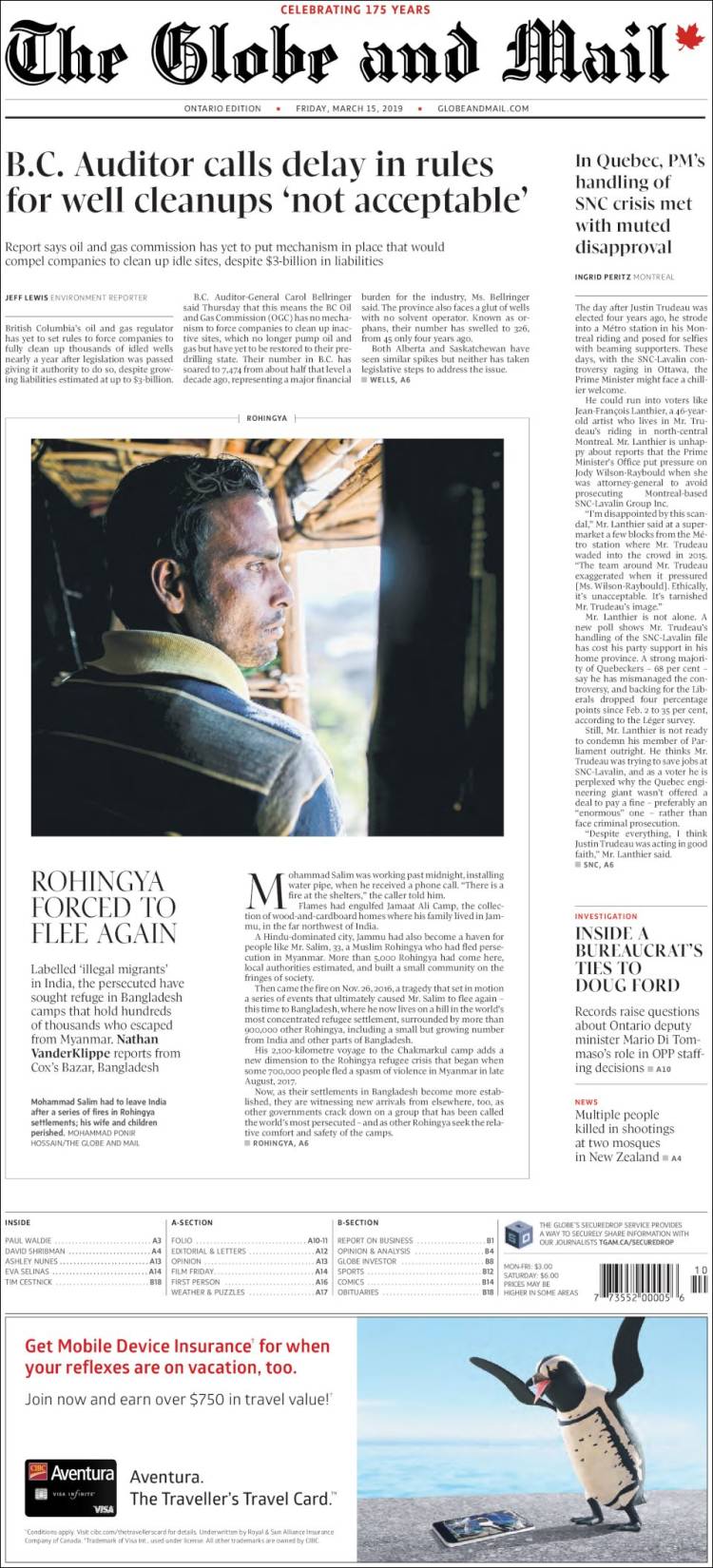 Portada de The Globe and Mail (Canad&aacute;)