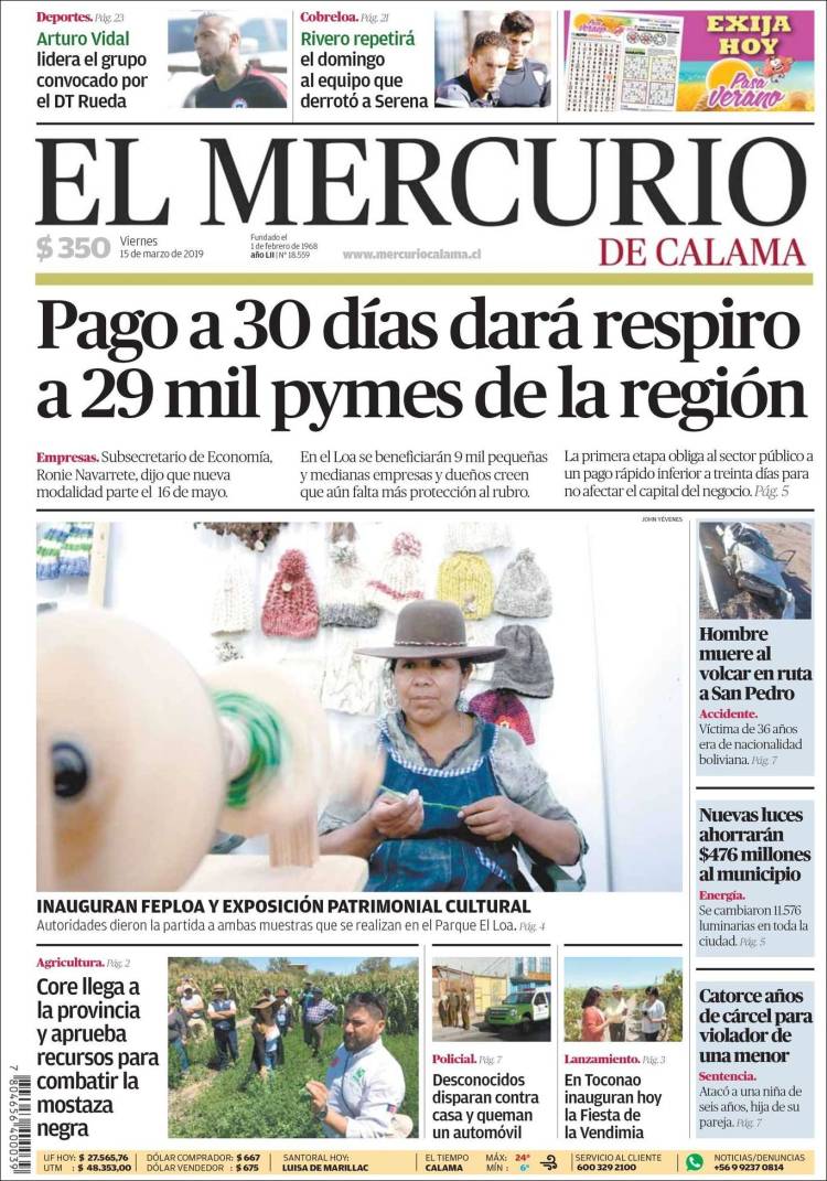 Portada de El Mercurio - Calama (Chile)