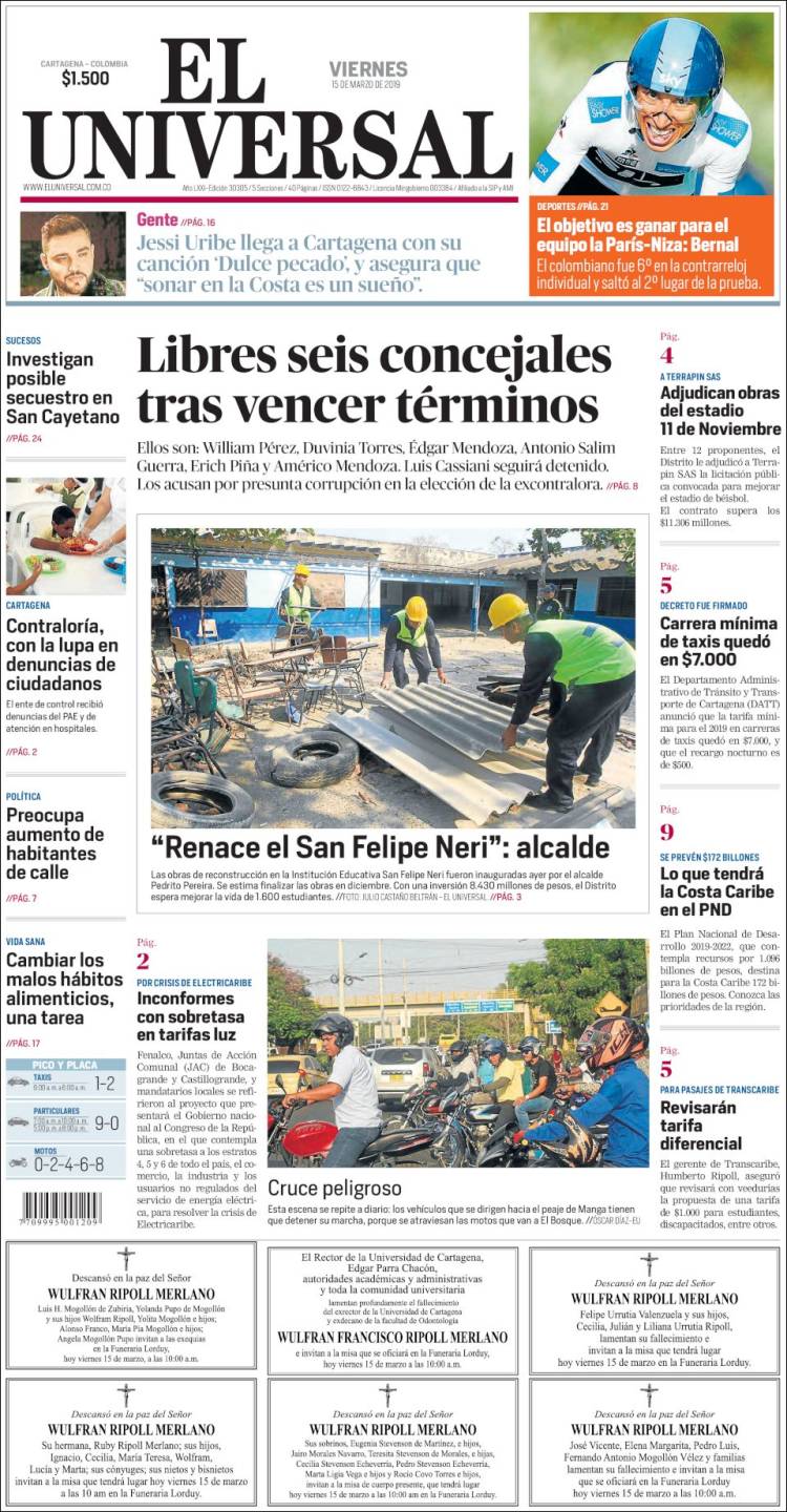 Portada de El Universal (Colombia)