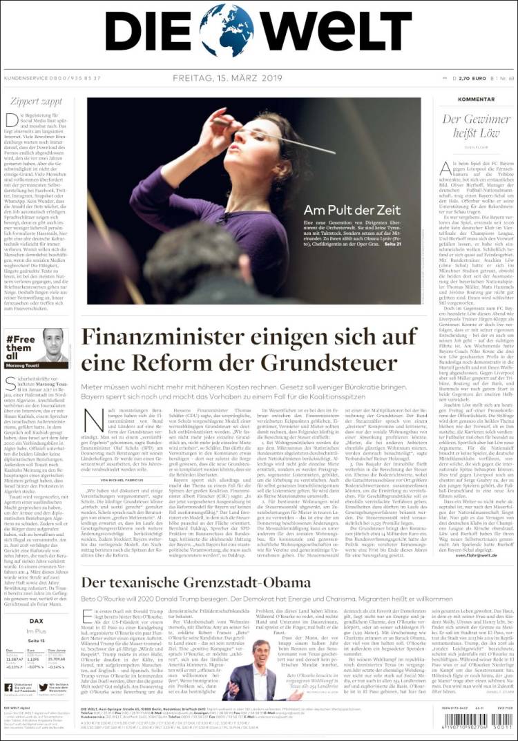 Portada de Die Welt (Alemania)