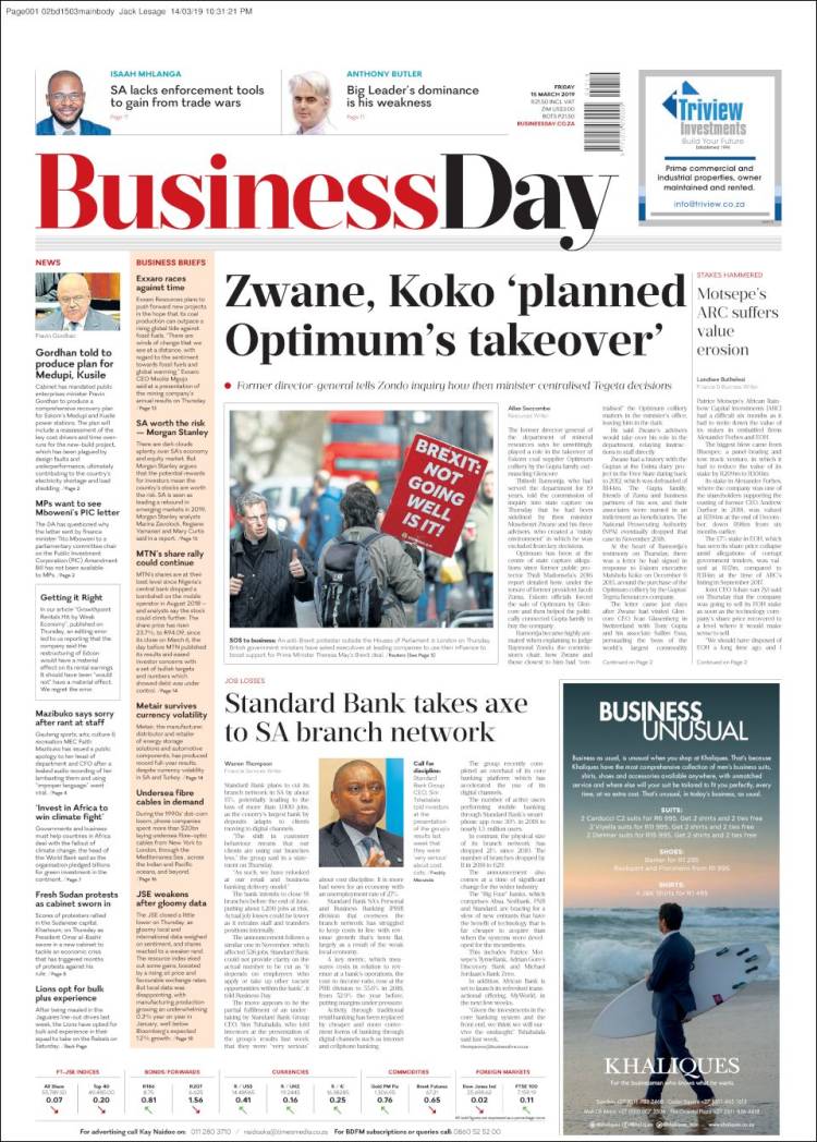 Portada de Business Day (Sud&aacute;frica)