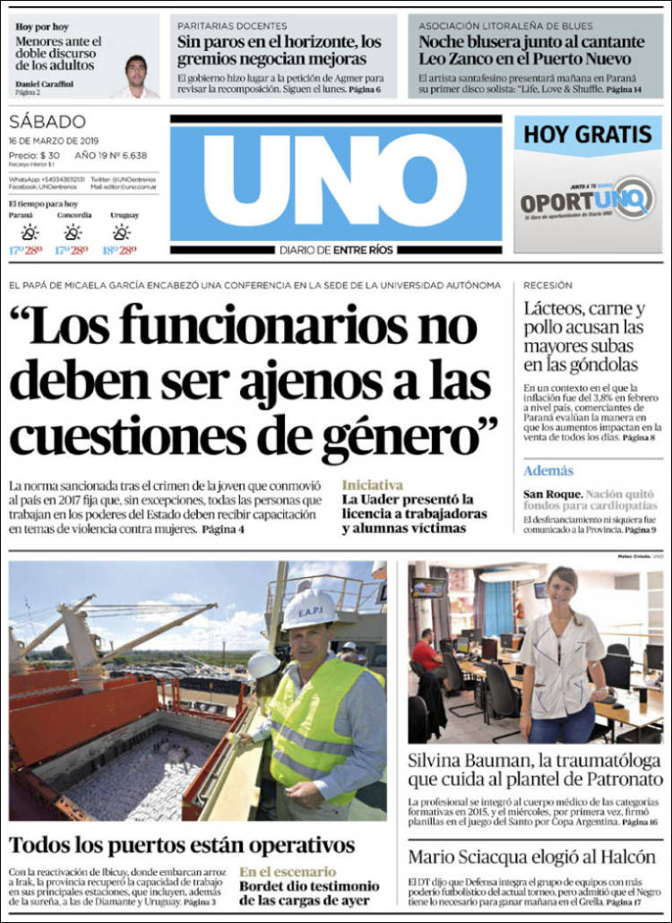 Portada de Diario Uno de Entre Ríos (Argentina)