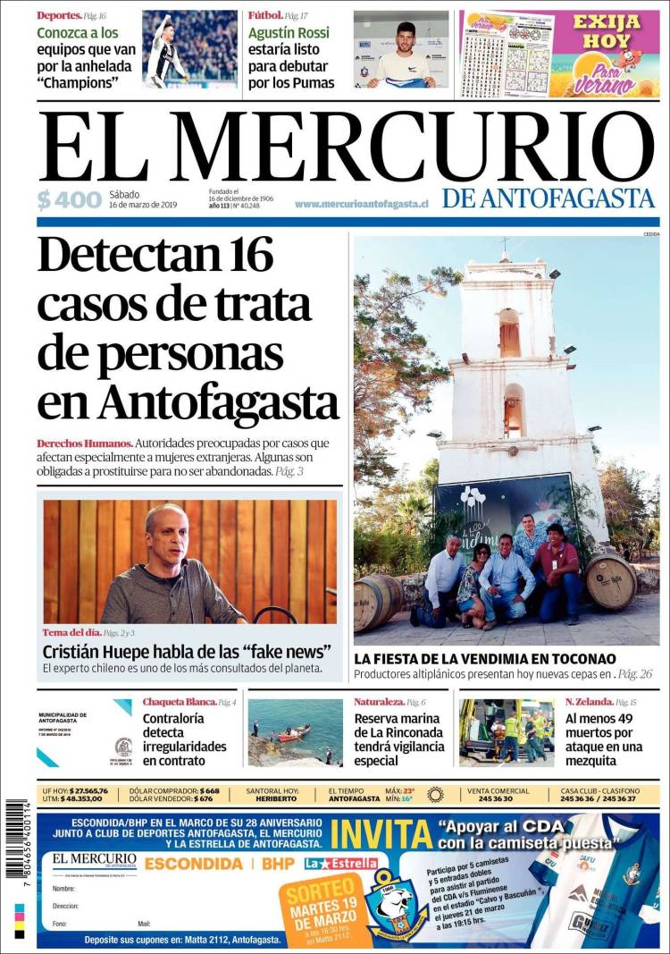 Portada de El Mercurio de Antofagasta (Chile)