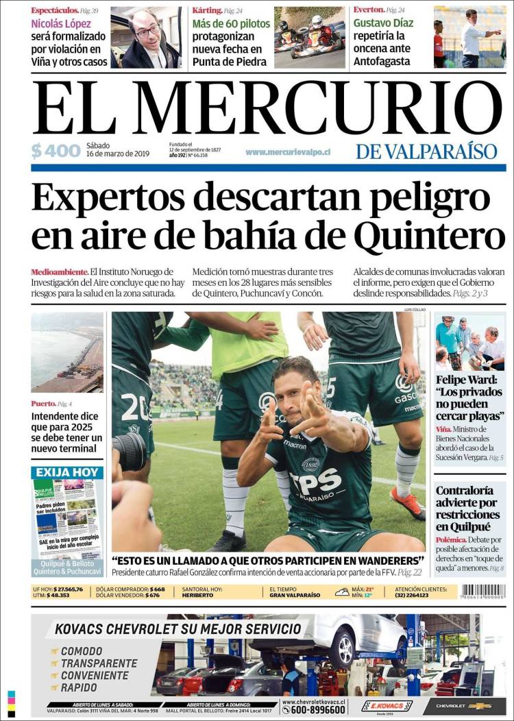 Portada de Mercurio de Valparaiso (Chile)