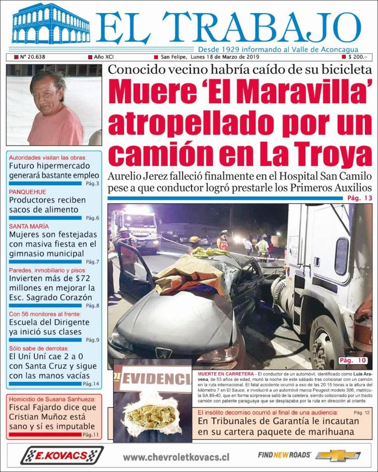 Portada de El Trabajo (Chile)