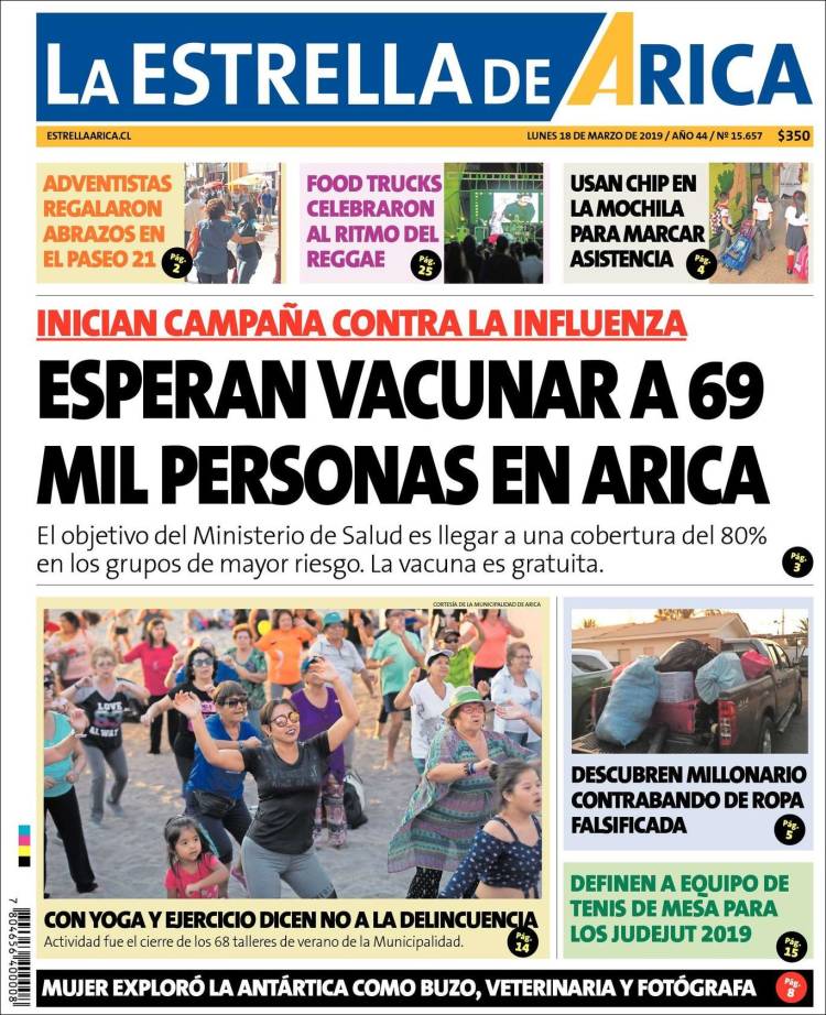Portada de La Estrella de Arica (Chile)