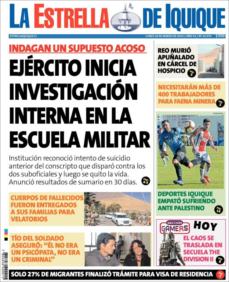 Portada de La Estrella de Iquique (Chile)
