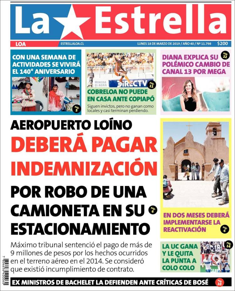 Portada de La Estrella de Loa (Chile)