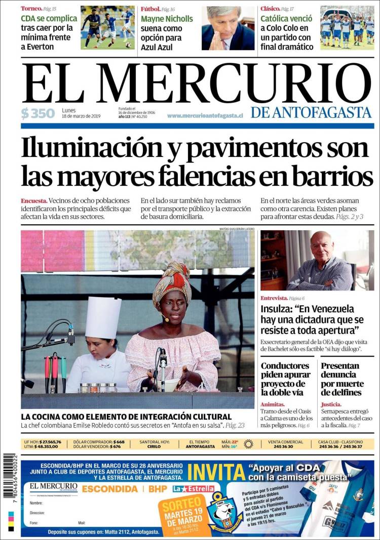 Portada de El Mercurio de Antofagasta (Chile)