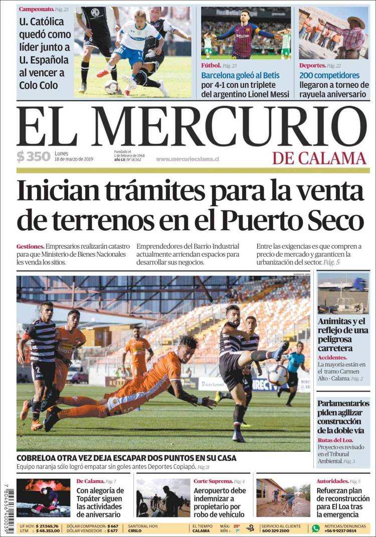 Portada de El Mercurio - Calama (Chile)