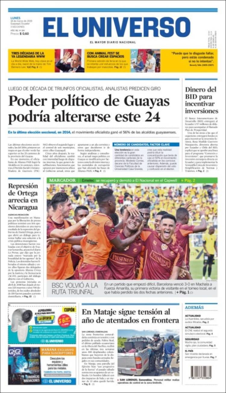 Portada de El Universo - Ecuador (Ecuador)