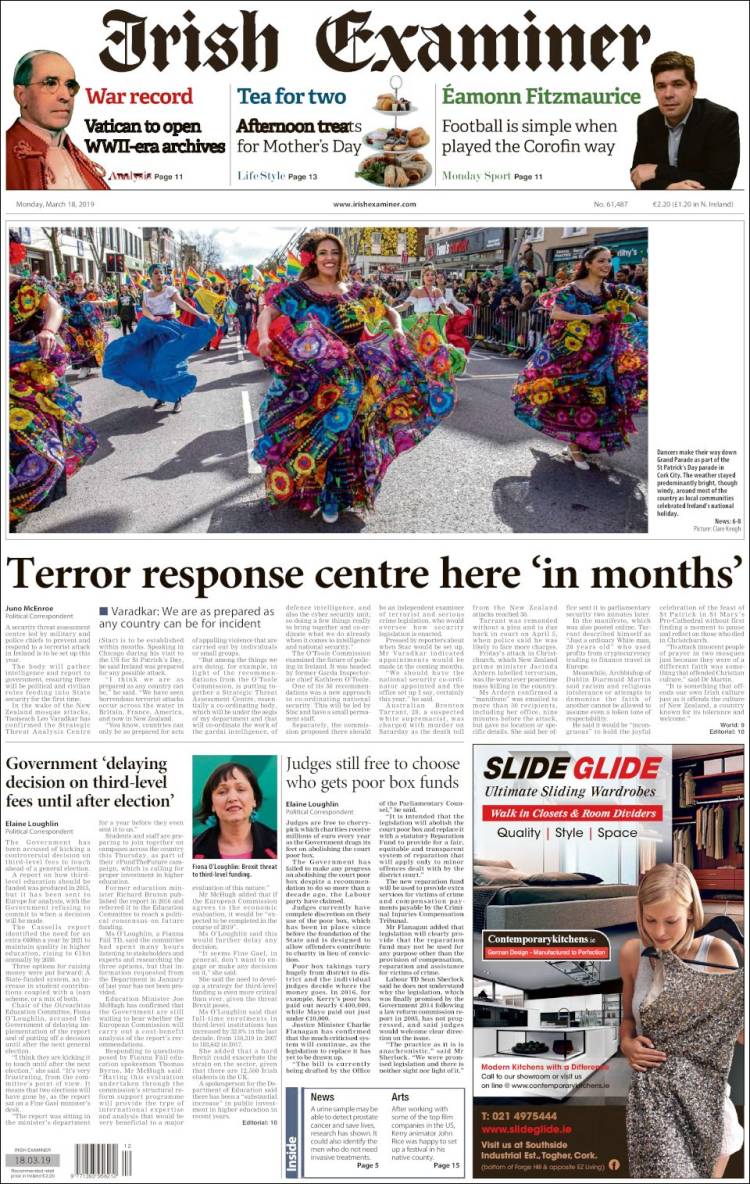 Portada de Irish Examiner (Irlanda)