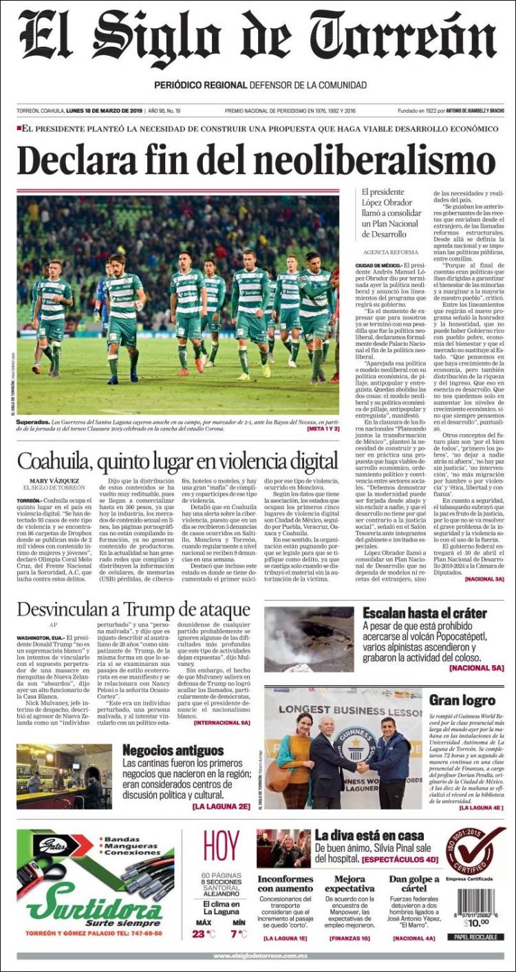 Portada de El Siglo de Torreon (M&eacute;xico)