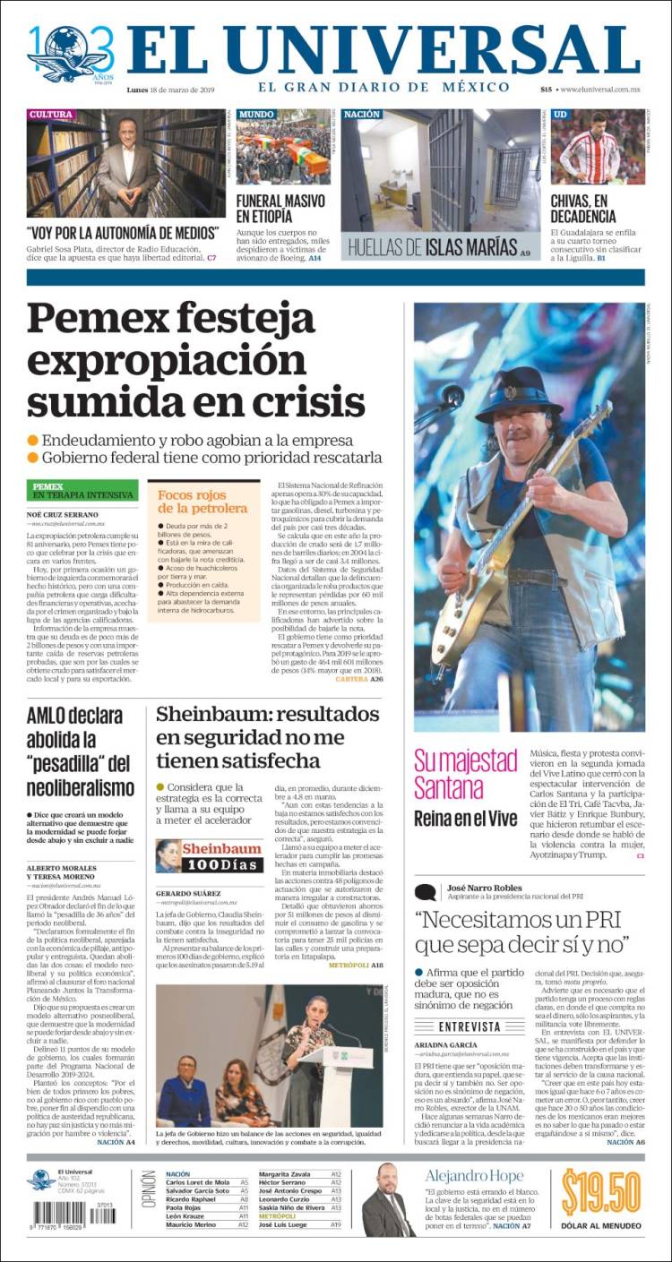 Newspaper El Universal (Mexico). Newspapers in Mexico. Monday's edition ...