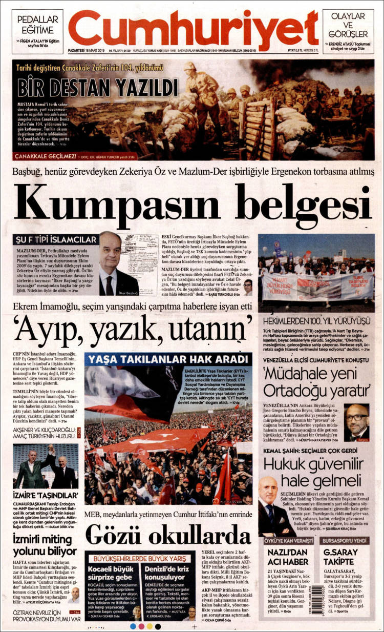 Portada de Cumhuriyet (Turqu&iacute;a)